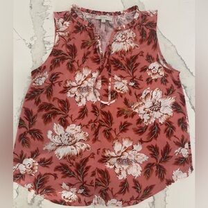 LOFT Women’s Sz L Coral Pink Floral Sleeveless Blouse - Coral Pink and White